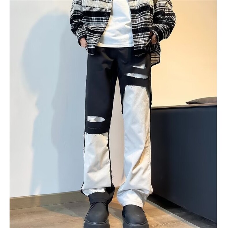 街头设计解构破坏黑白撞色工装牛仔裤男女直筒修身微喇裤N143/P45,男装牛仔裤,星座506