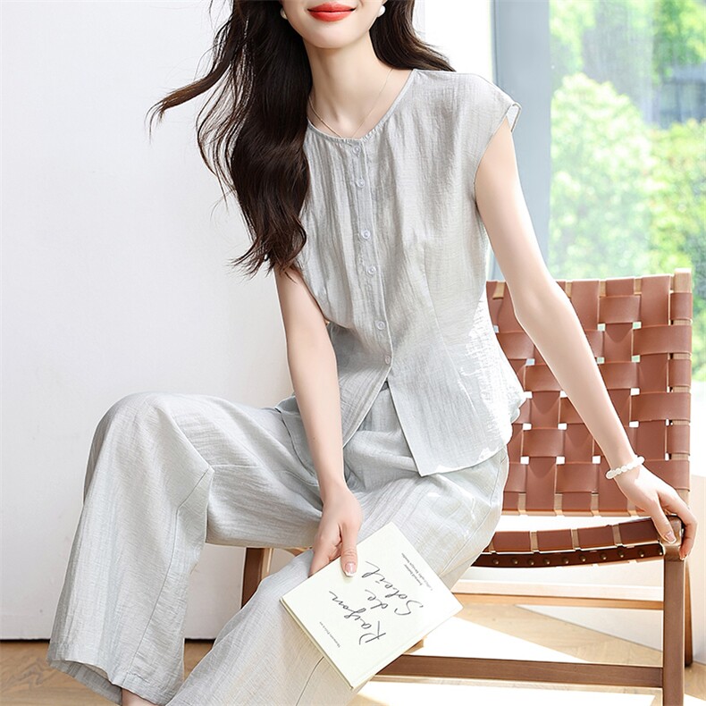 2025夏季新款通勤松弛感亚麻无袖上衣套装女搭配阔腿裤长裤两件套,女装套装/套裙,星宇服饰