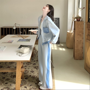 蓝色学院风休闲运动套装女秋2025新款显瘦连帽开衫卫衣卫裤两件套图片