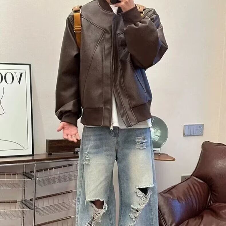 有货。pu皮衣外套男款春秋cleanfit短款夹棉机车夹克W6924-P62,男装夹克,星座412-3