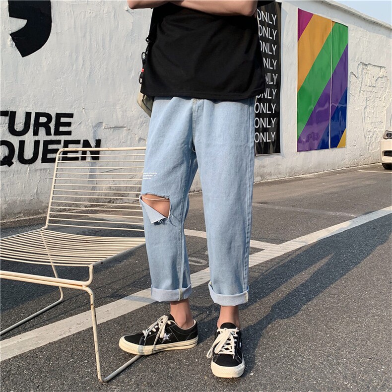 夏款男裤牛仔裤破洞宽松下坠字母印花潮流苏直筒九分裤n,男装牛仔裤,星座1013-1