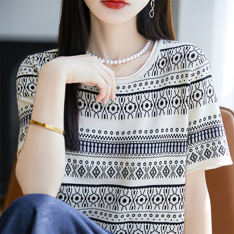 夏季新款圆领提花宽松时尚休闲短袖T恤女韩版百搭显瘦薄款针织衫,女装T恤,皓宇羊绒