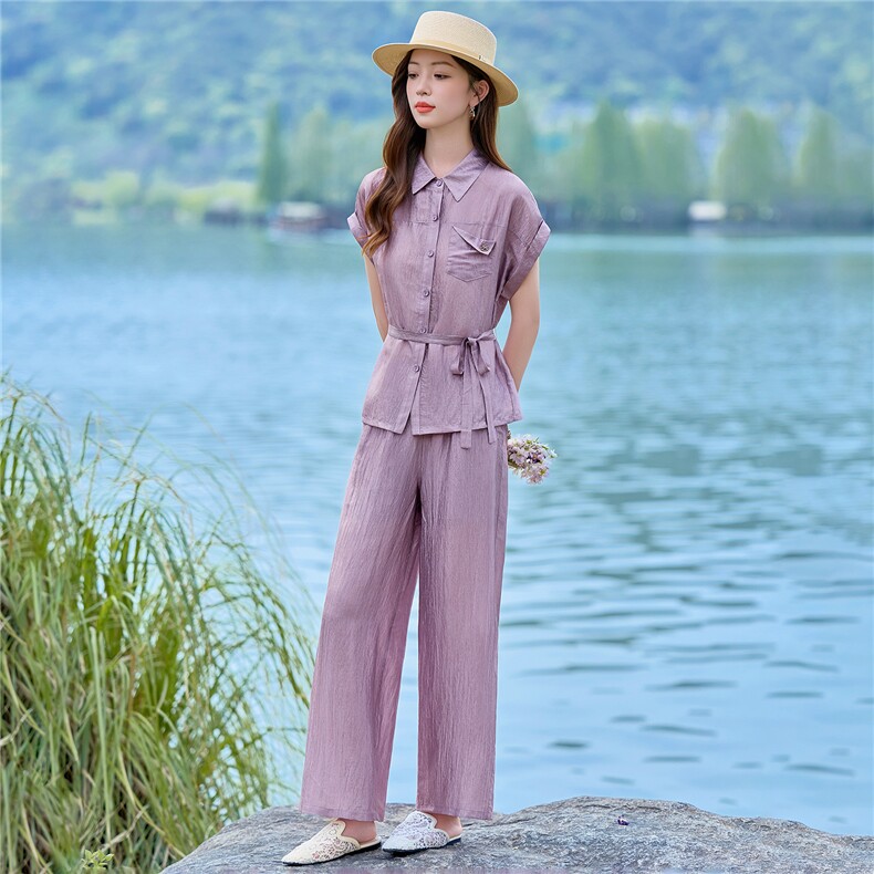 2026年夏季新款时尚收腰文艺风系带阔腿裤套装,女装套装/套裙,依恋蒂丝