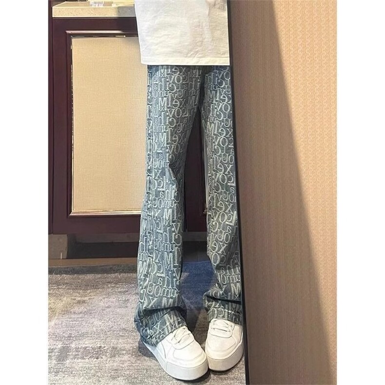 美式复古字母提花牛仔裤男春秋款潮牌cleanfit裤子高街直筒微喇裤,男装牛仔裤,四季星座505