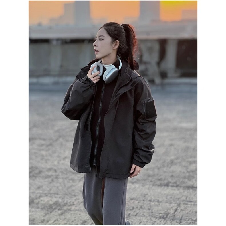 春秋季魔术贴连帽夹克男士冲锋衣潮牌宽松休闲衣服学生工装外套，男装夹克，星座1210-1