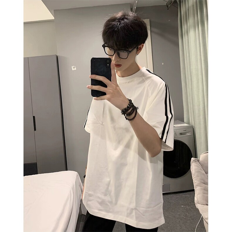 抖音得物高品质二开240克宽松纯棉美式潮牌三条杠织带短袖T恤，男装T恤，电商A486