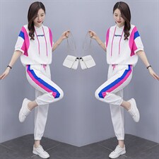 短袖时尚套装女2022夏季新款女装韩版休闲百搭撞色绣花两件套裤潮，女装套装/套裙，慧尚依恋