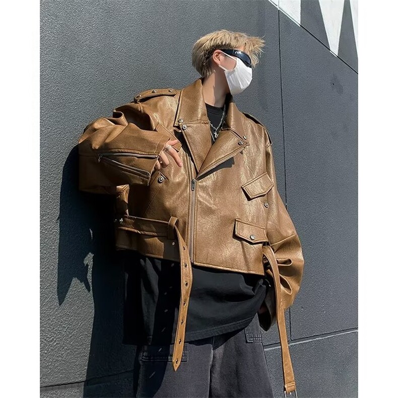 皮衣外套男春秋季美式复古痞帅设计感小众宽松休闲pu皮机车服夹克,男装夹克,星座601-2
