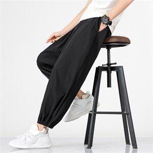 新款冰丝休闲裤男港风潮流宽松九分哈伦裤百搭束脚裤DK05P30图片