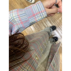 美式复古纯棉灰粉色格子衬衫女单穿叠穿宽松衬衣外套情侣春夏上衣，男装衬衫，星座506A