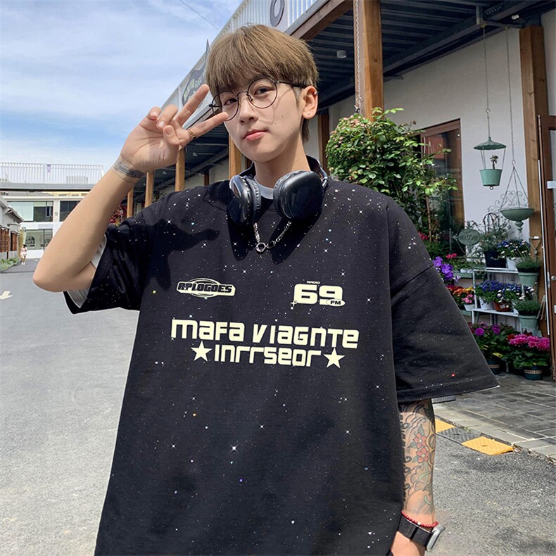 量大优供抖音视频支持得物配合二开美式满天星亮片短袖T恤MTX350,男装T恤,电商A486