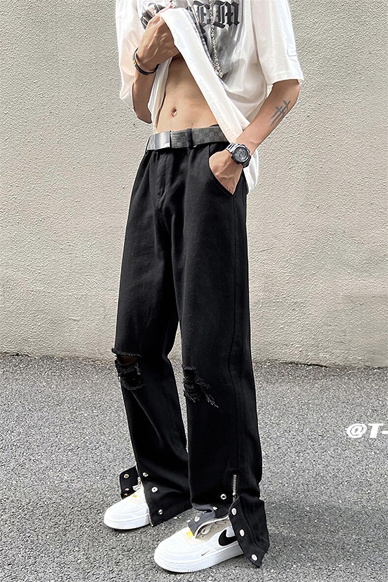 2024新款美式高街宽松拉链排扣破洞大码休闲九分长裤货号,男装休闲裤,电商A063
