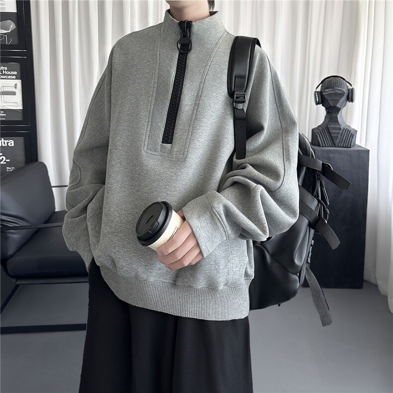 韩版解构设计灰色半拉链长袖套头卫衣男女同款RT327-P88,男装卫衣,星座1017