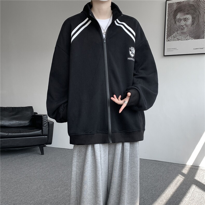 重磅条纹卫衣男开衫大码立领拼接上衣美式运动拉链外套JK5207/P65,女装短外套,电商B238
