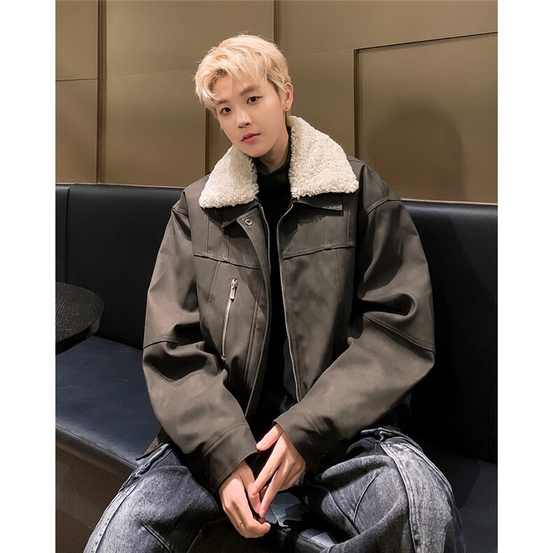 冬季复古毛领夹棉外套男加厚保暖美拉德皮衣机车服棉衣，男装皮衣，星座506A