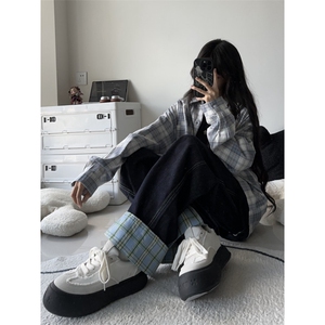 【有货】美式格子拼接卷边牛仔裤男女阔腿裤子NZ011CC-特P48图片