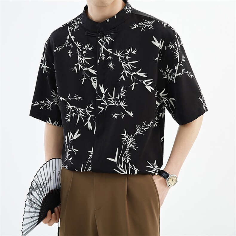 抖音夏季新中式风立领竹叶短袖衬衫男冰丝衬衣A236-0830-P50图片