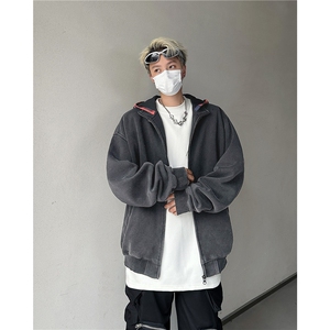 复古格子连帽开衫卫衣外套男宽松新款ins水洗复古夹克 Y808-P70图片