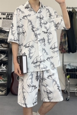 夏季男生痞帅套装短袖衬衫帅气泼墨印花设计感翻领外套TZ103-P43，男装衬衫，电商A178