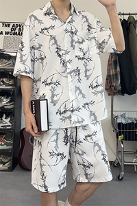 夏季男生痞帅套装短袖衬衫帅气泼墨印花设计感翻领外套TZ103-P43图片