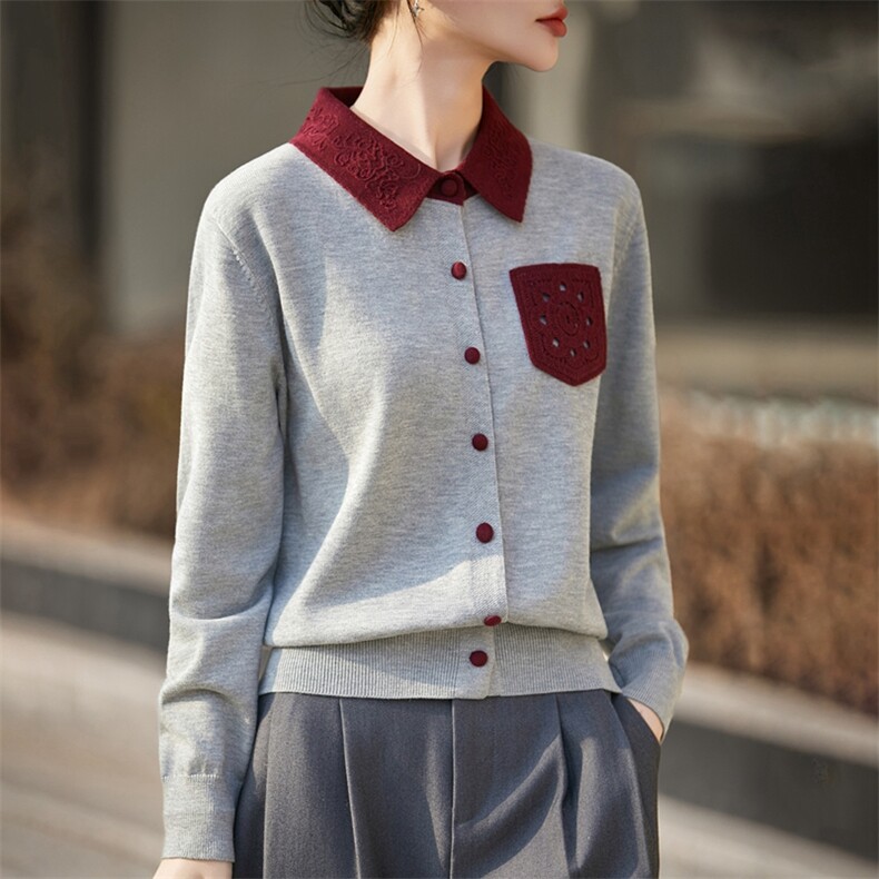 2026年秋季时尚百搭通勤简约休闲polo领包扣撞色开衫，女装羊毛衫，暖烁羊绒