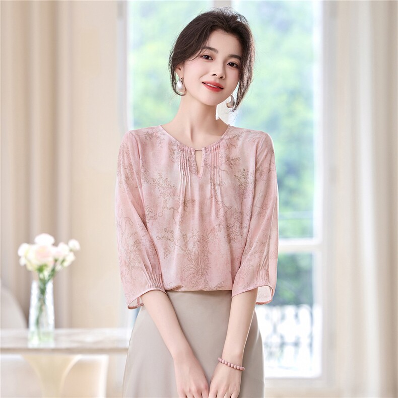 时尚轻奢高级感真丝衬衫女2025夏装新款03双绉桑蚕丝上衣印花小衫，女装衬衫，阿舍尔精品