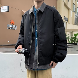 小众拼接设计感翻领棉服外套男宽松冬季加厚pu飞行棒球服 J8212图片