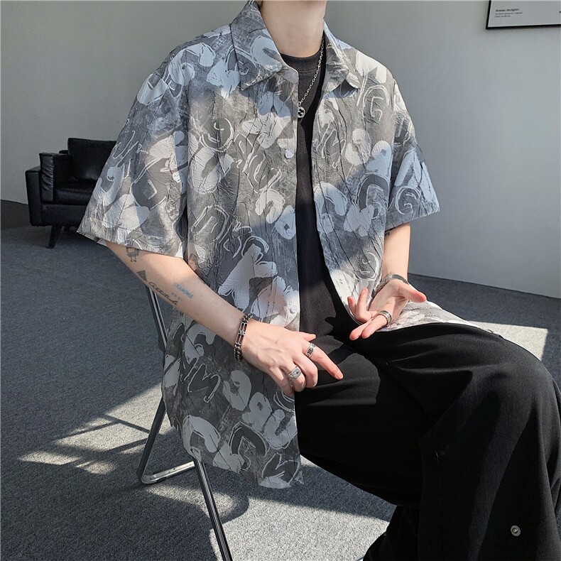 现货！夏季薄款翻领花衬衫短袖男抖音得物可送样EX50558-特P30图片