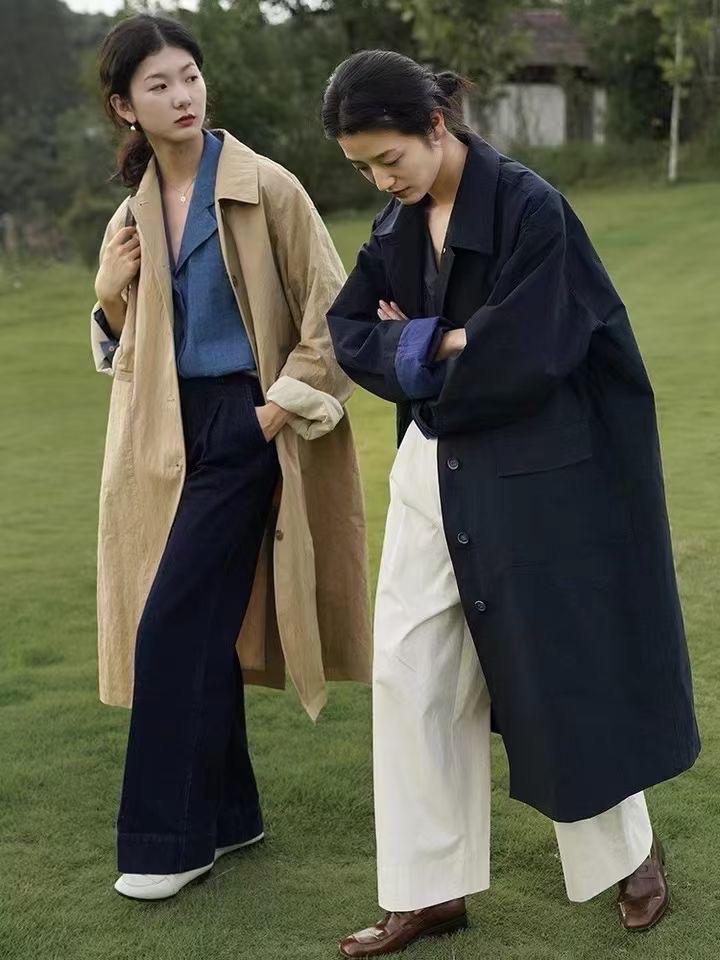 翻领排扣开衫工装风衣,女装风衣,斐媞梦