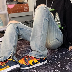 复古破洞牛仔裤男拉链设计裤子宽松直筒阔腿长裤NK525，男装牛仔裤，星座1116A-1（原606A）