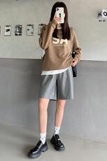 2024皮短裤女秋冬pu洗水皮裤高腰阔腿五分裤宽松显瘦靴裤直筒中裤，女装休闲裤，梦白服饰厂