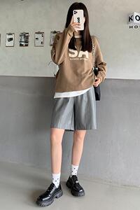 2024皮短裤女秋冬pu洗水皮裤高腰阔腿五分裤宽松显瘦靴裤直筒中裤图片