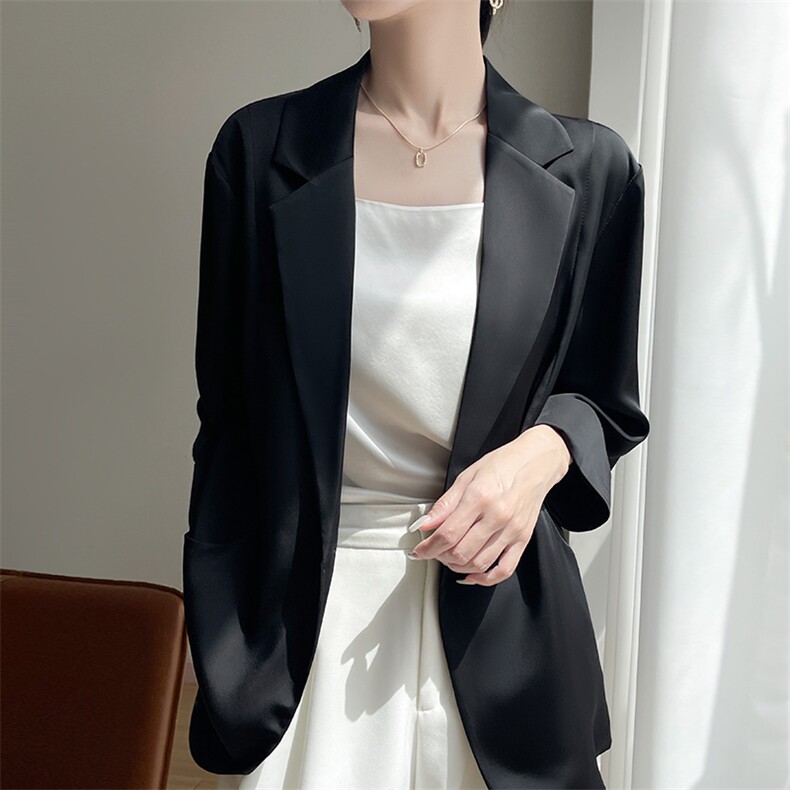2025春夏新款纯色醋酸缎面一粒扣宽松西服女气质薄款七分袖百搭,女装短外套,暖习羊绒