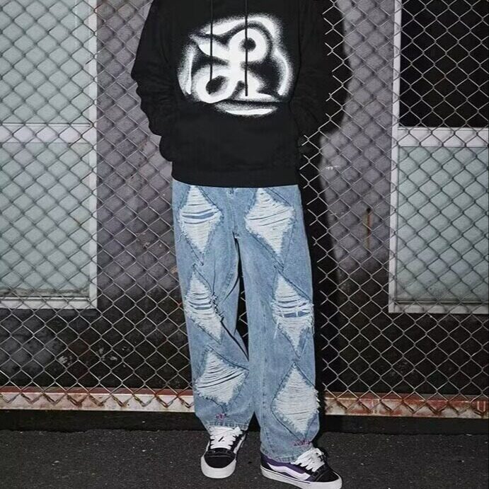 破洞牛仔裤男2025秋冬新款美式复古直筒裤潮牌高街宽松直筒休闲裤,男装牛仔裤,星座506A