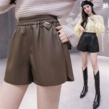 现货2021秋冬新款阔腿皮短裤弹力高腰显瘦pu皮休闲a字靴裤，女装休闲裤，潮品会