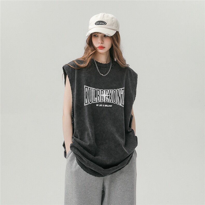 中性风23新款无袖印花做旧水洗百搭时尚短袖T恤DT249P45控68,男装T恤,A247A