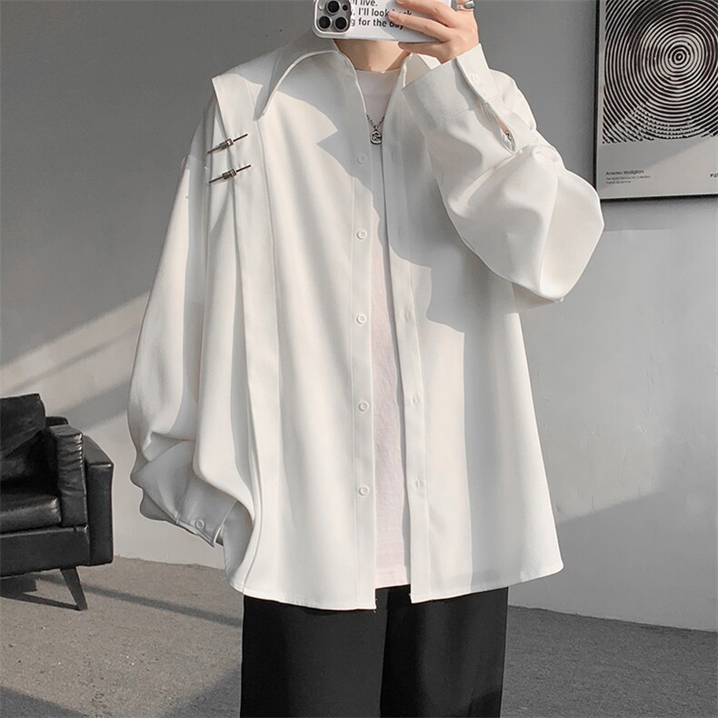 冷淡系高级感衬衫男款春秋季设计感小众衬衣服新中式大码宽松外套,男装衬衫,电商D232