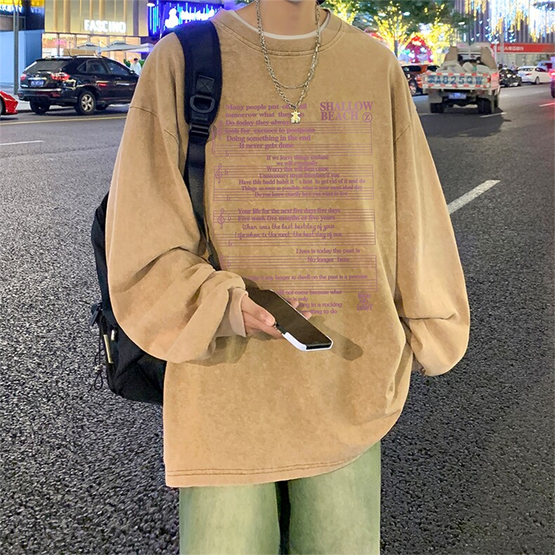 直播品质重磅纯棉美式蜡染水洗做旧潮牌宽松长袖t恤CT383特P38,男装T恤,电商A486
