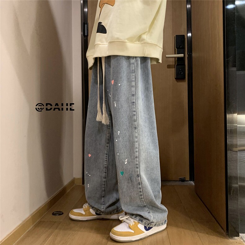 港风春夏宽松百搭墨点印花休闲牛仔裤直筒裤男女NZ601P65控88,男装牛仔裤,电商A268