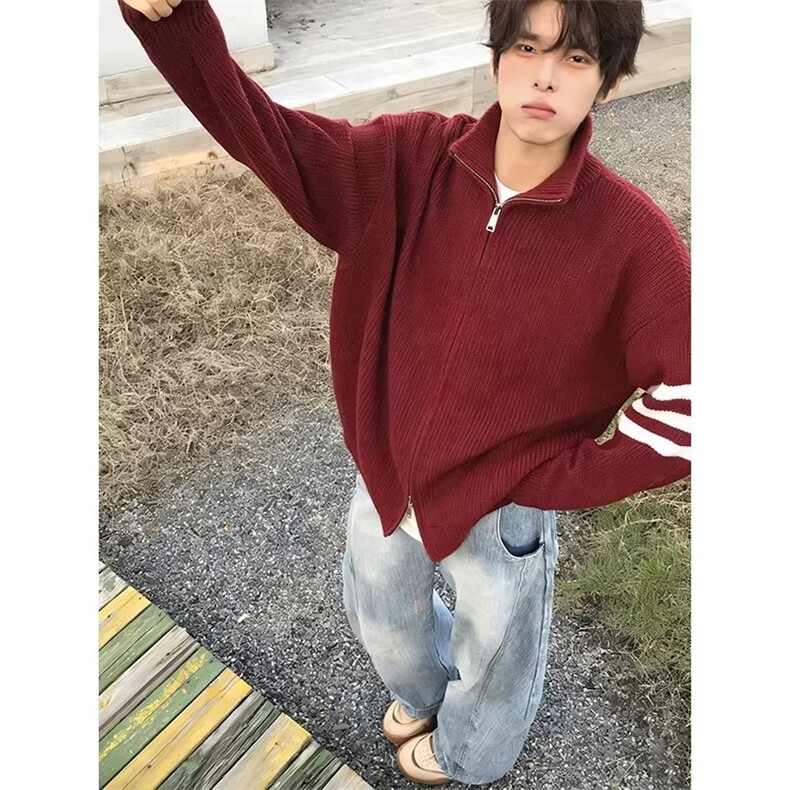 红色三条杠拉链开衫毛衣男内搭可外穿针织衫AY78-P56,男装针织衫/毛衣,星座208-5