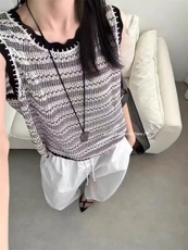 2025年夏季常规不连帽条纹镂空背心短袖，女装T恤，鄂维那特