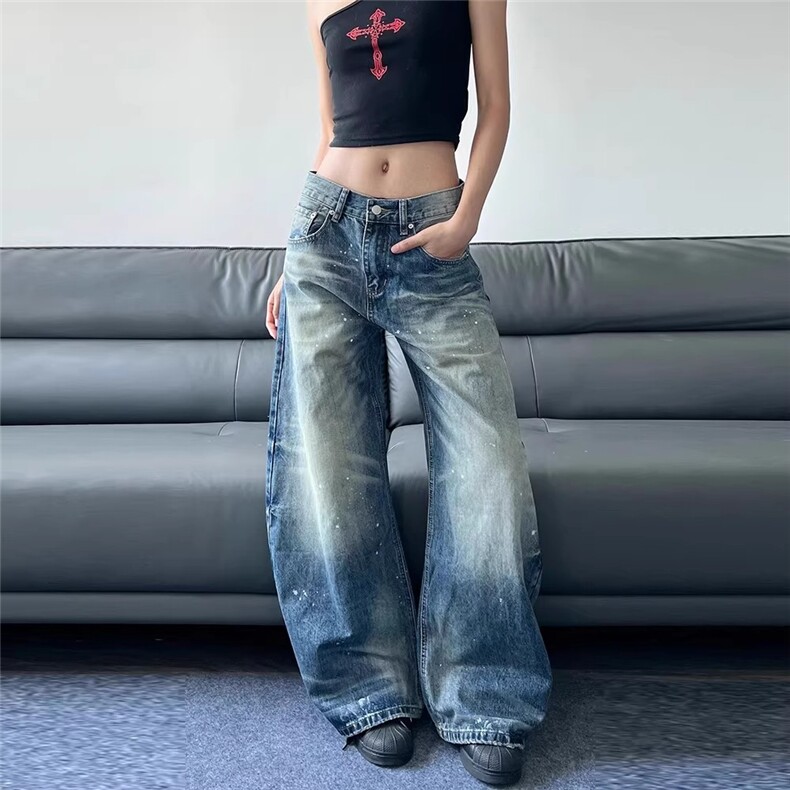 美式复古高街水洗泼墨弯刀牛仔裤男女宽松阔腿拖地裤W4041_P50,男装牛仔裤,星座1112-1