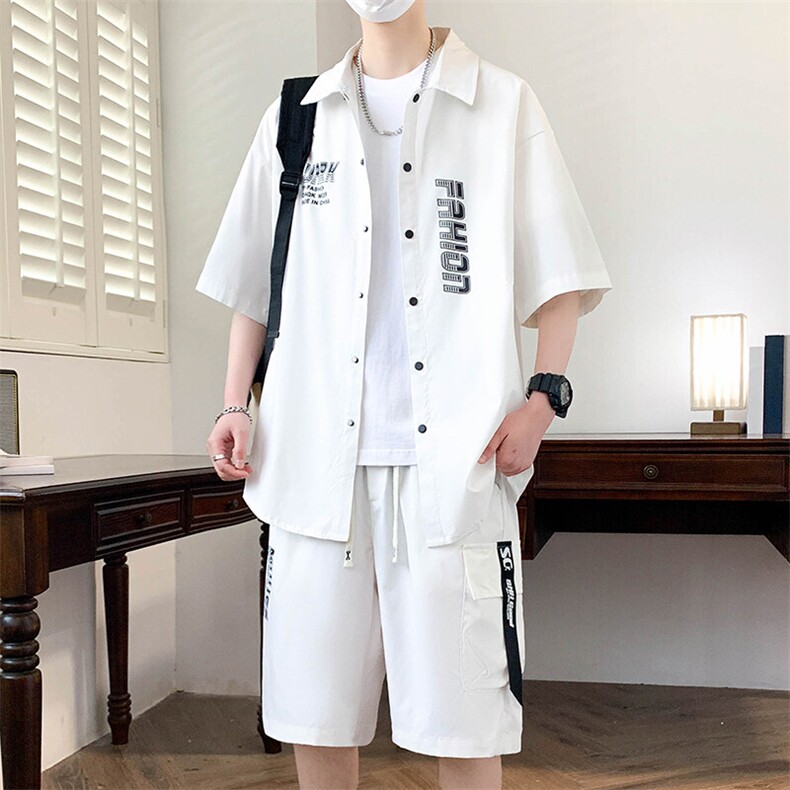 港风套装男夏季冰丝宽松休闲短袖衬衫短裤两件套-JZ66-P53,男装休闲套装,星座310B