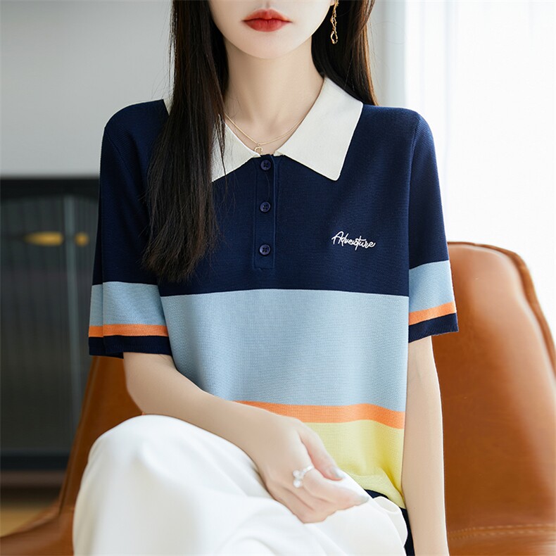 Polo领彩虹拼色时尚短袖女宽松莱赛尔新款t恤夏季减龄气质薄T背心,女装T恤,尚雪电商供货