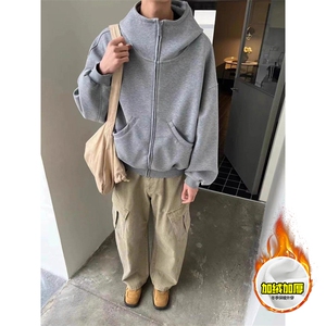480G重磅加绒硬挺boxy 男女秋冬美式高街防风高领卫衣开衫厚外套图片