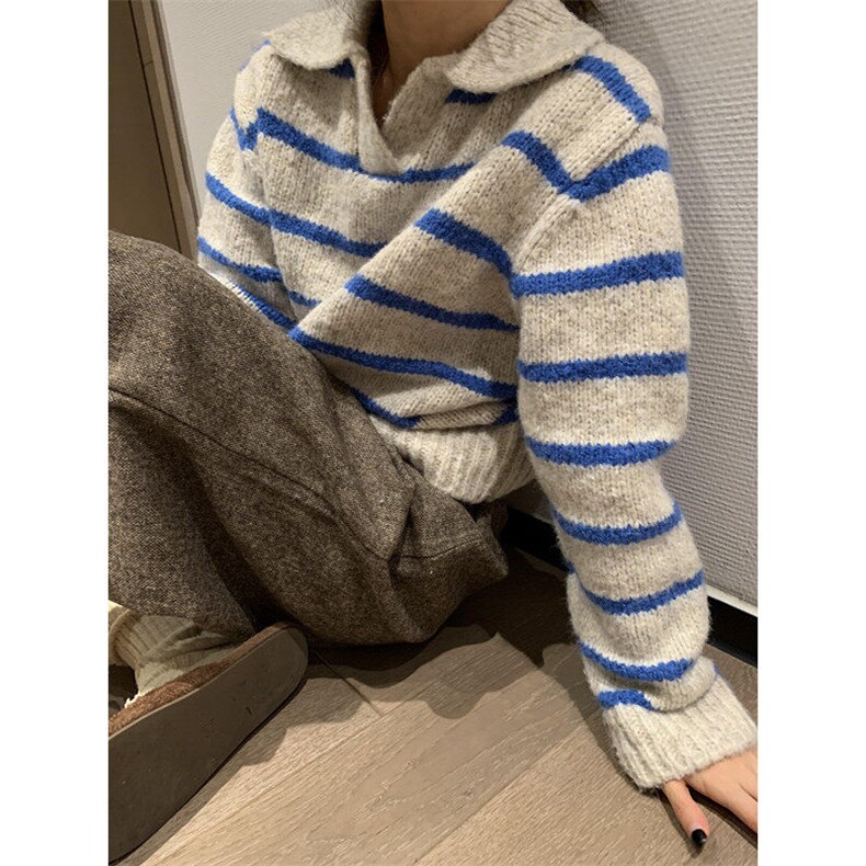 复古翻领条纹毛衣女秋冬慵懒风宽松长袖软糯针织衫上衣M5111,男装针织衫/毛衣,星座1116A（原606A-3）