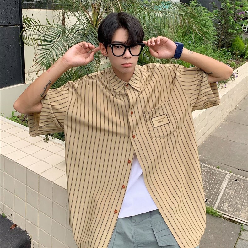 W432-P25日系复古条纹衬衫五分袖夏季休闲宽松时尚翻领衬衣,男装T恤,星座911-1