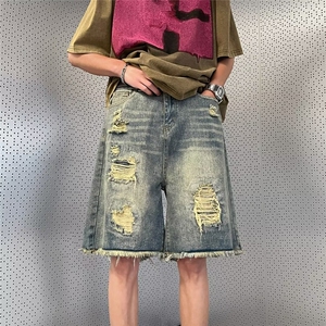 牛仔短裤男夏季美式水洗毛边破洞短裤直筒五分裤1001-1-D610-P39