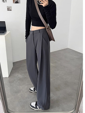 现货松紧腰灰色西装阔腿裤女春夏款高腰垂感小个子窄版直筒裤，女装休闲裤，云美莎专业女裤-全店现货