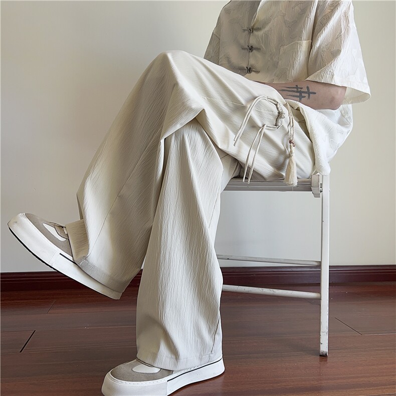 新中式国风裤子男夏季薄款国潮盘扣佛系禅意直筒宽松棉麻休闲裤子，男装休闲裤，电商B315